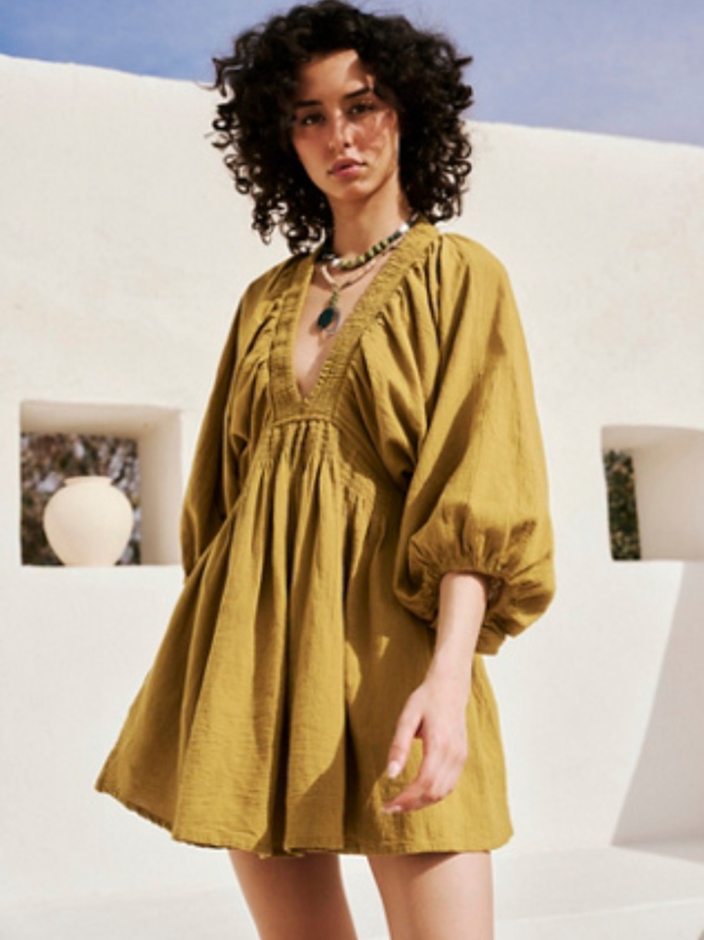 Free People For The Moment Mini Dress Olive-Mustard Balloon Sleeve